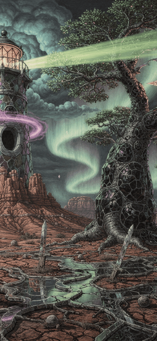 Mystic Lighthouse and Twisted Glowing Tree