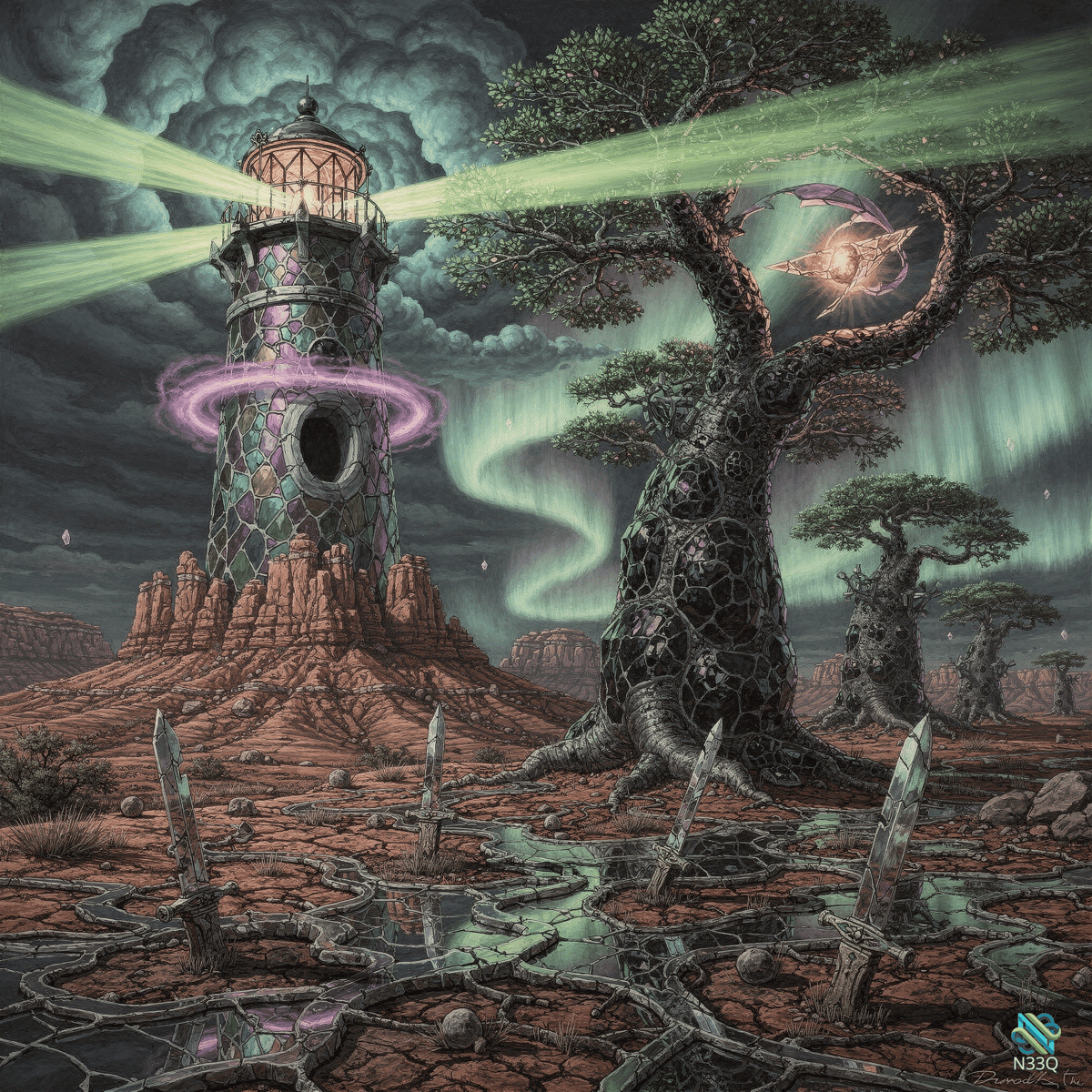 Mystic Lighthouse and Twisted Glowing Tree