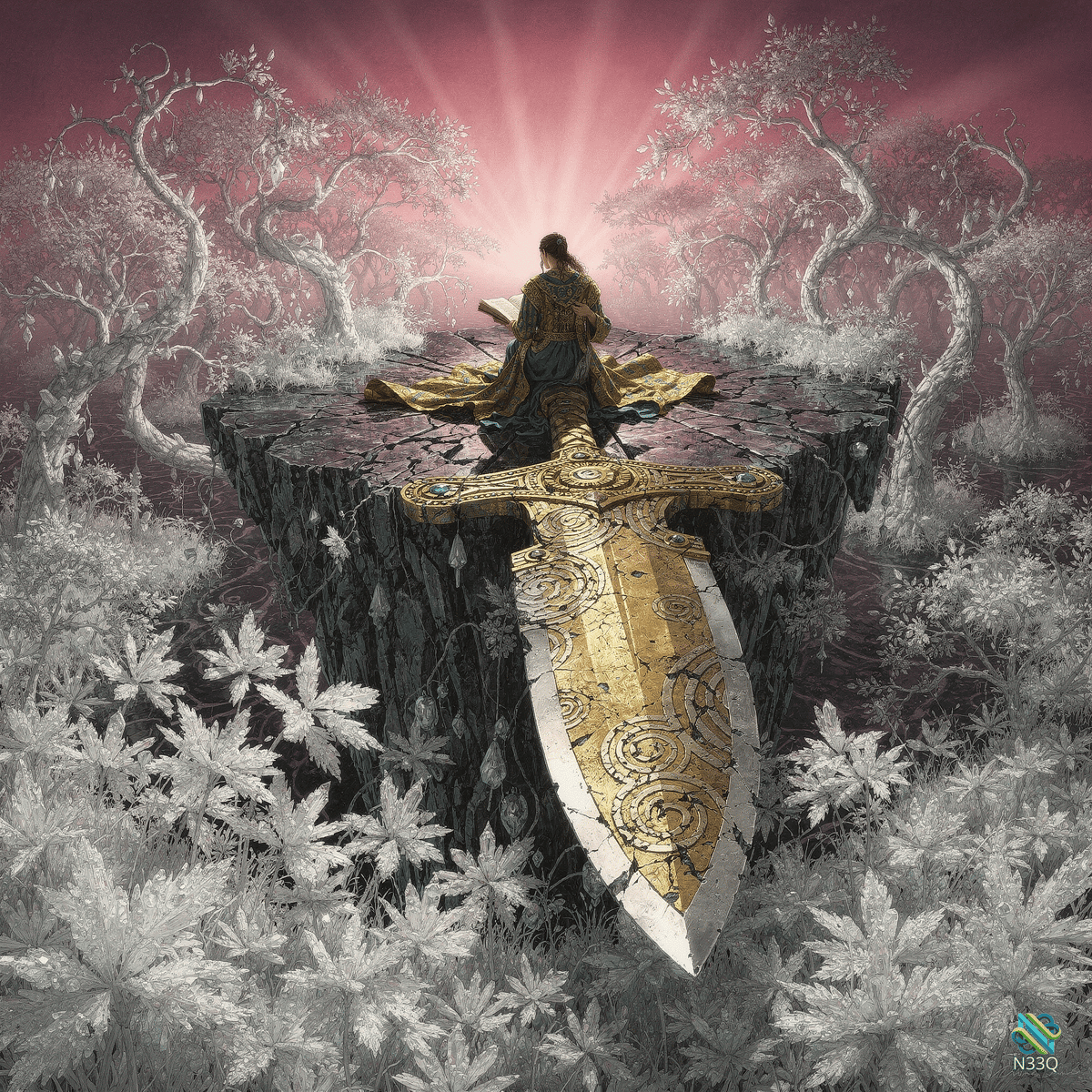 Reader Atop Floating Rock with Golden Sword