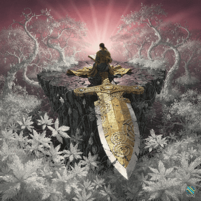 Reader Atop Floating Rock with Golden Sword