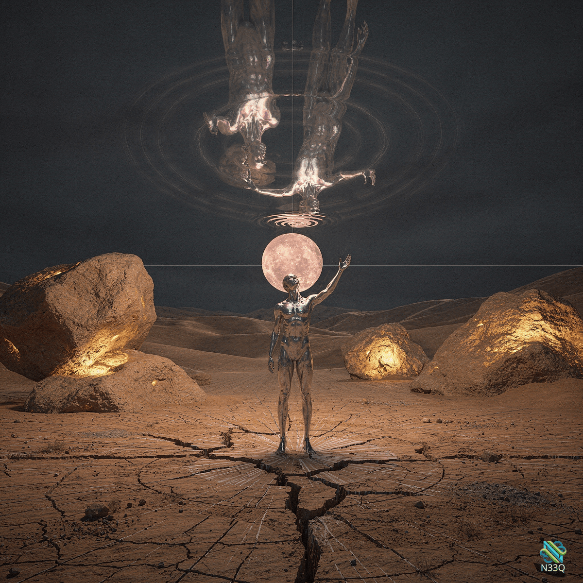 Metallic Android Reaching for Floating Figures