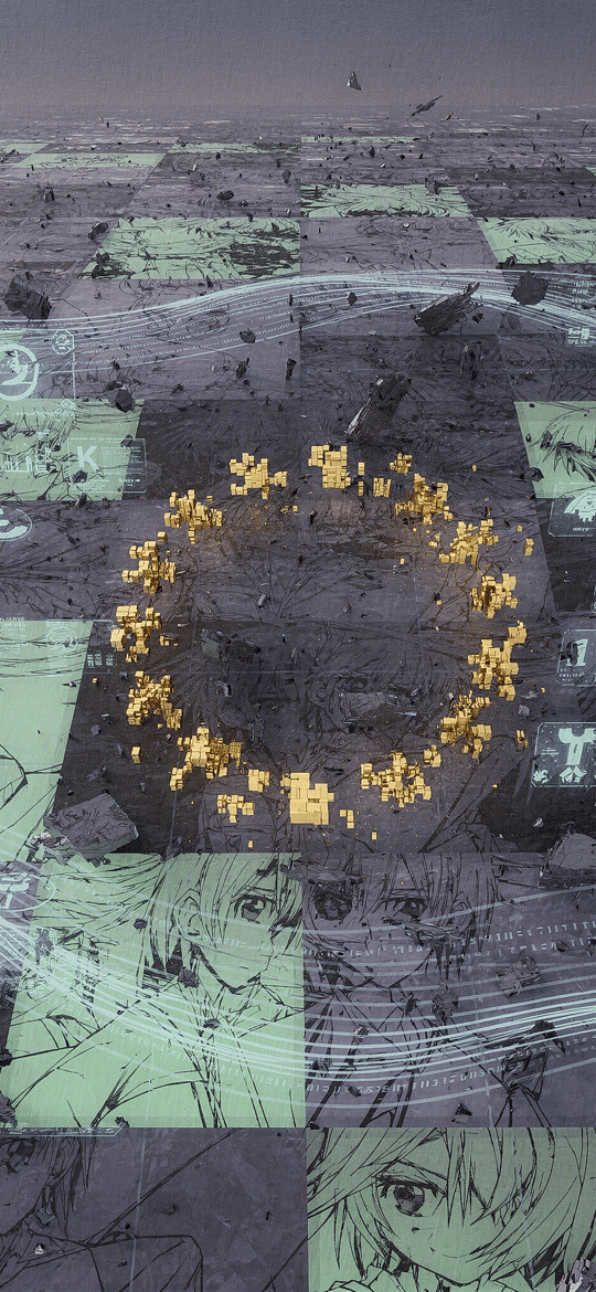 Yellow Pixel Ring Over Anime Grid Wasteland