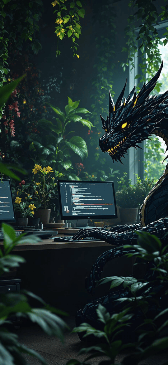 Black Dragon Coding at Plant-Filled Desk