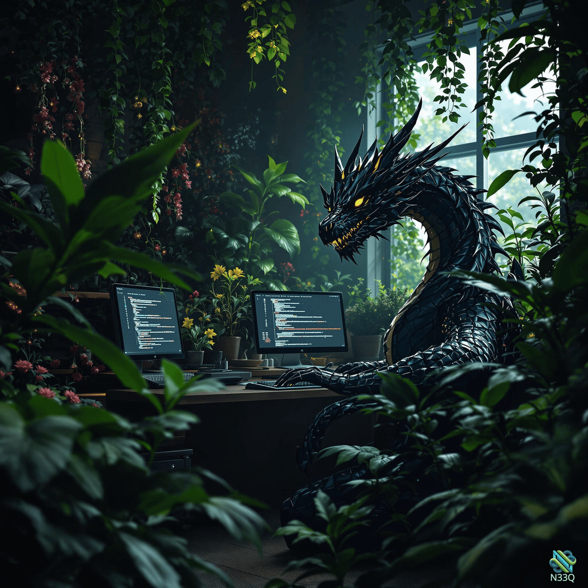 Black Dragon Coding at Plant-Filled Desk