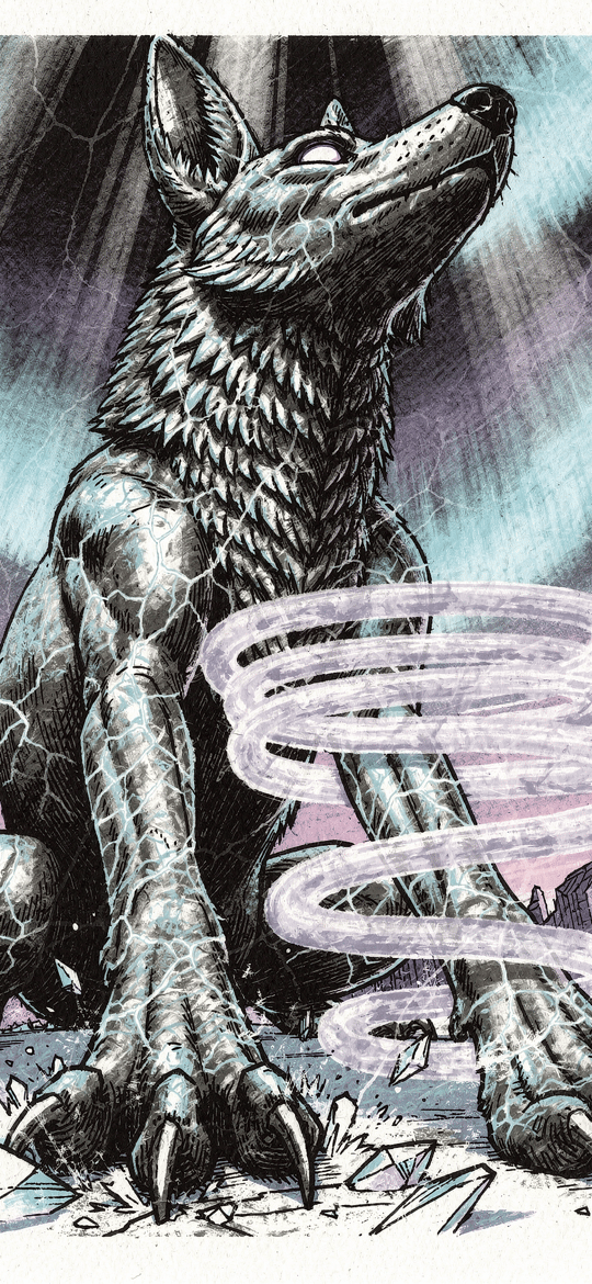 Cracked Stone Wolf Under Aurora