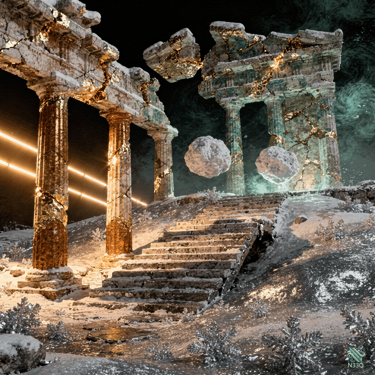 Snowy Ruins of Ancient Temple Columns