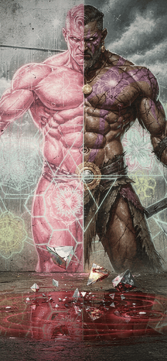 Split Warrior Half Pink Anatomy, Half Armoured with an Axe