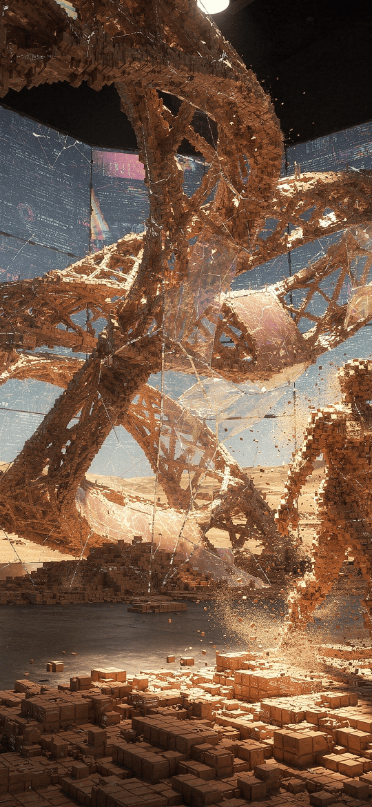 Disintegrating Voxel Humanoid in Desert Simulation