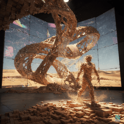 Disintegrating Voxel Humanoid in Desert Simulation