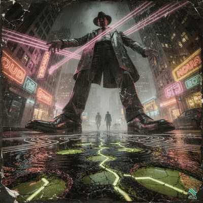 Towering Noir Figure in Neon Rain