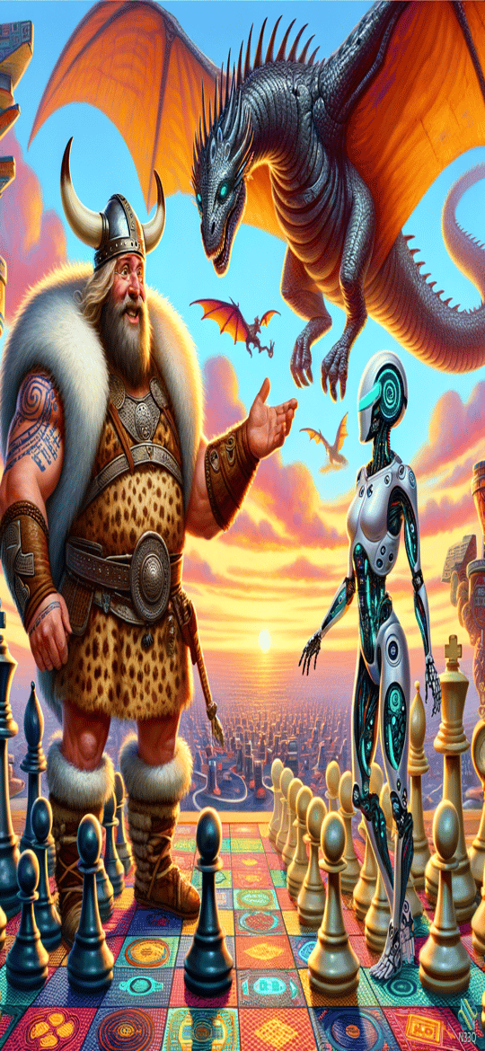 Viking Warrior Facing Cyborg on Giant Chessboard