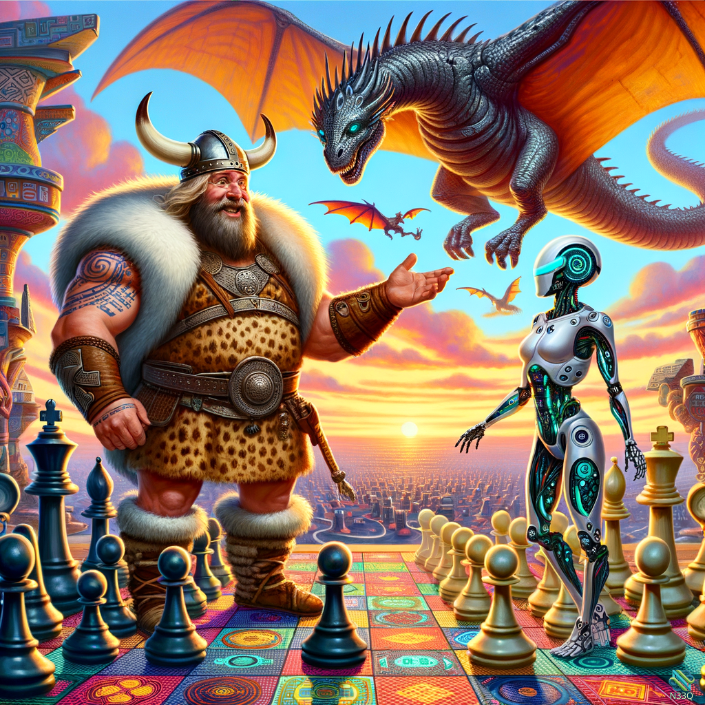 Viking Warrior Facing Cyborg on Giant Chessboard