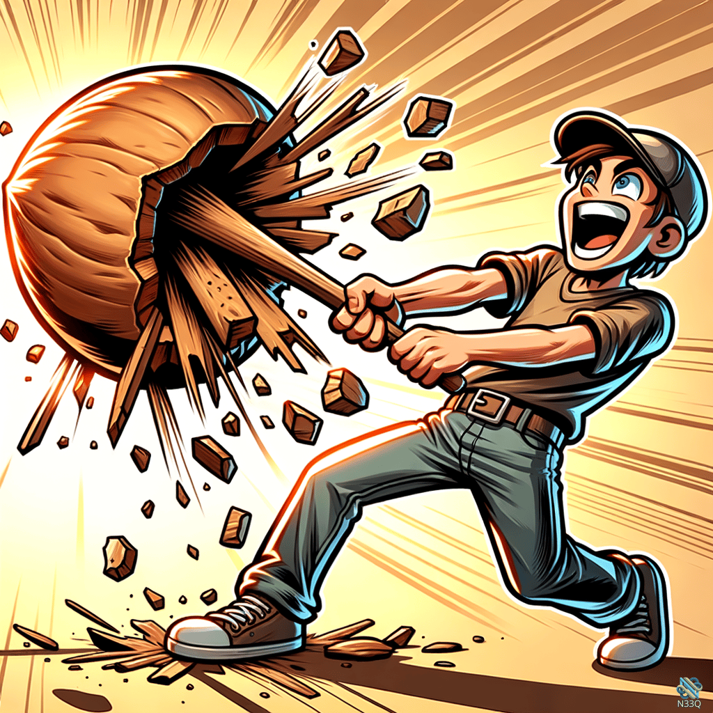 Man Smashing Giant Walnut With Bat