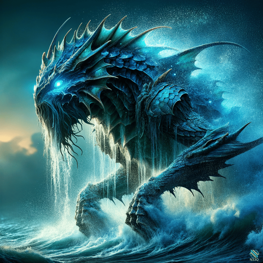 Blue Dragon Rising from Stormy Ocean