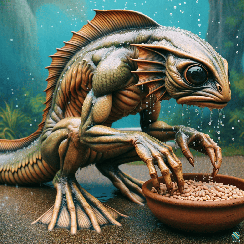 Aquatic Lizard Creature Reaching Into Bowl