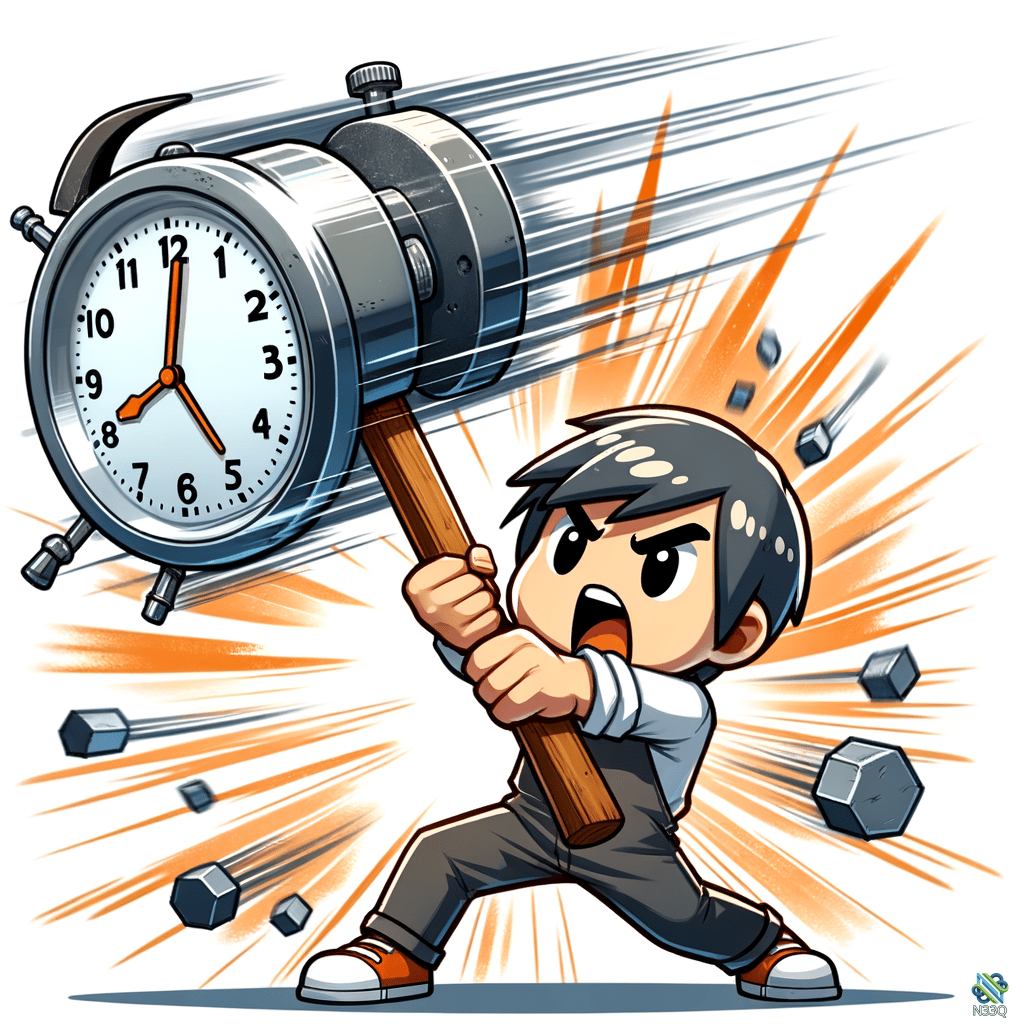 Boy Swinging Giant Clock Like Hammer