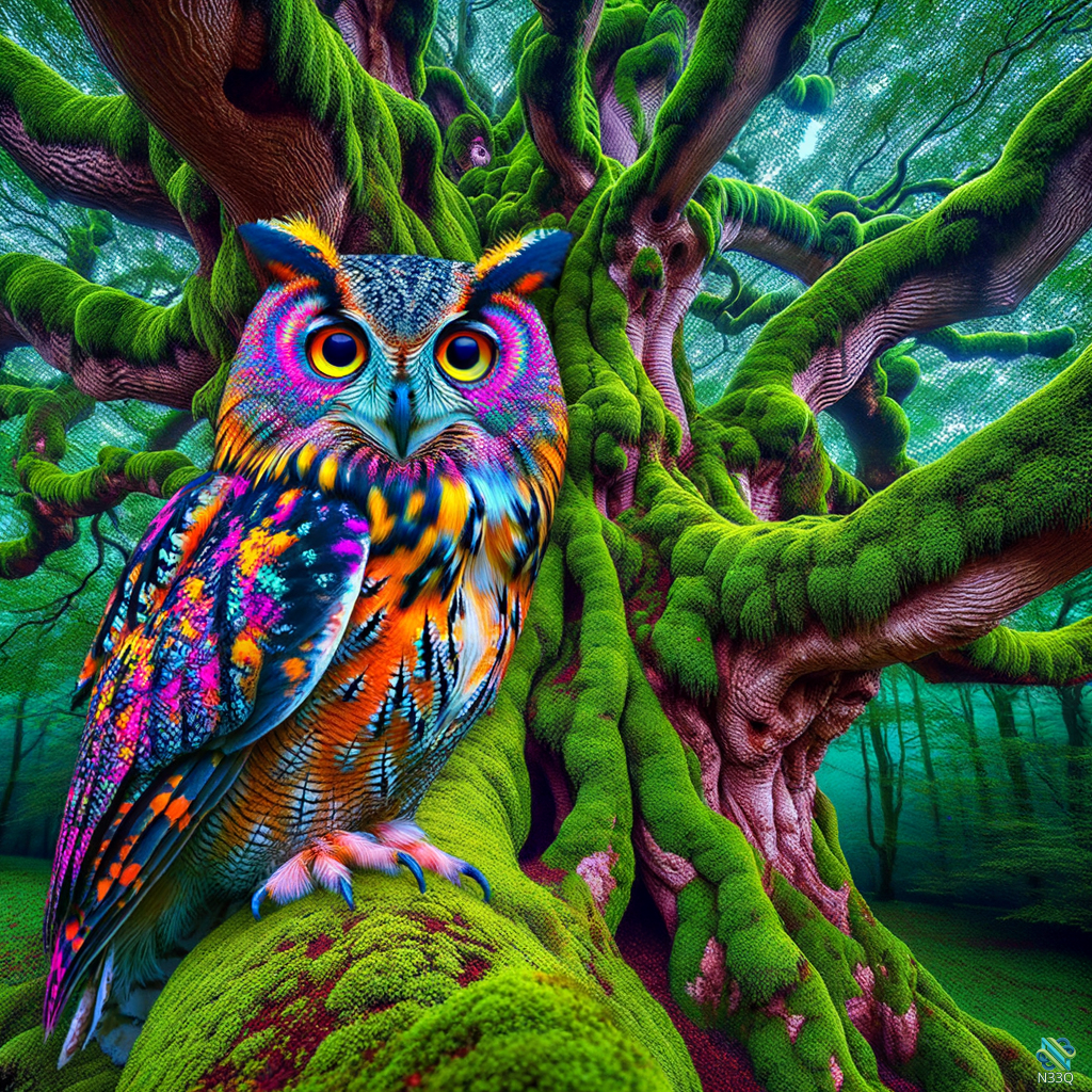 Colorful Owl on Mossy Forest Branch