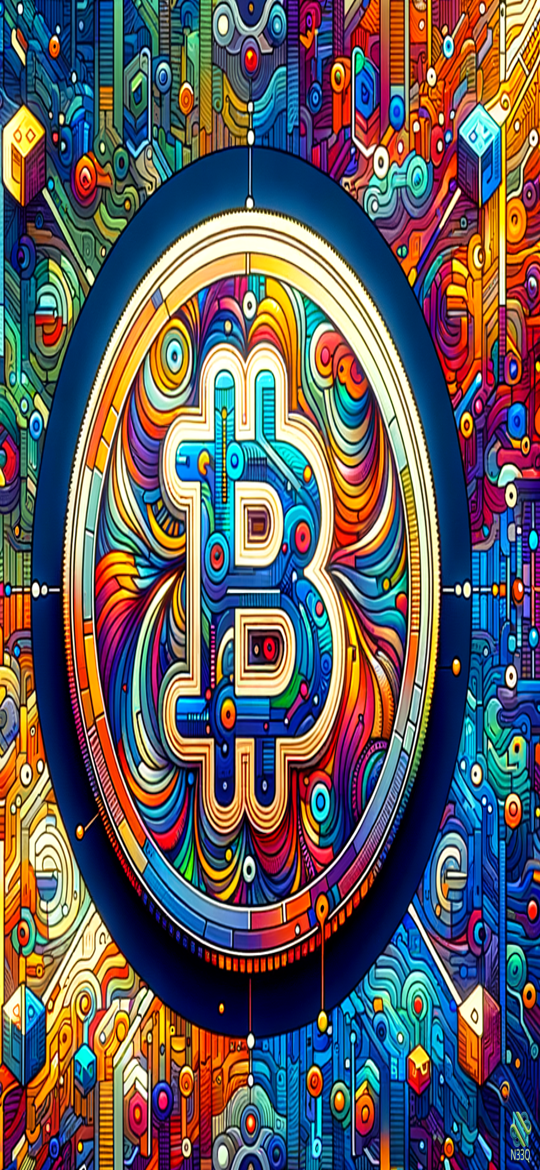 Psychedelic Bitcoin Symbol on Digital Circuits