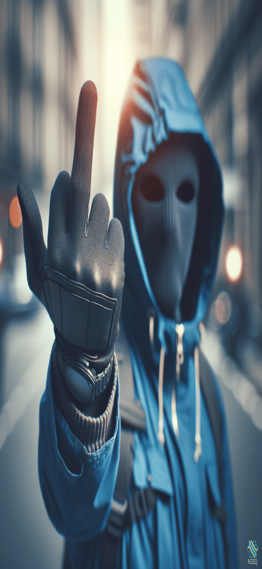 Masked Hooded Figure Flips Middle Finger