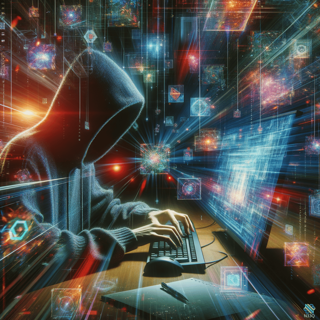 Hooded Hacker Typing at Neon Desk