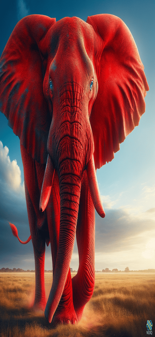 Red Elephant Walking in Golden Savanna