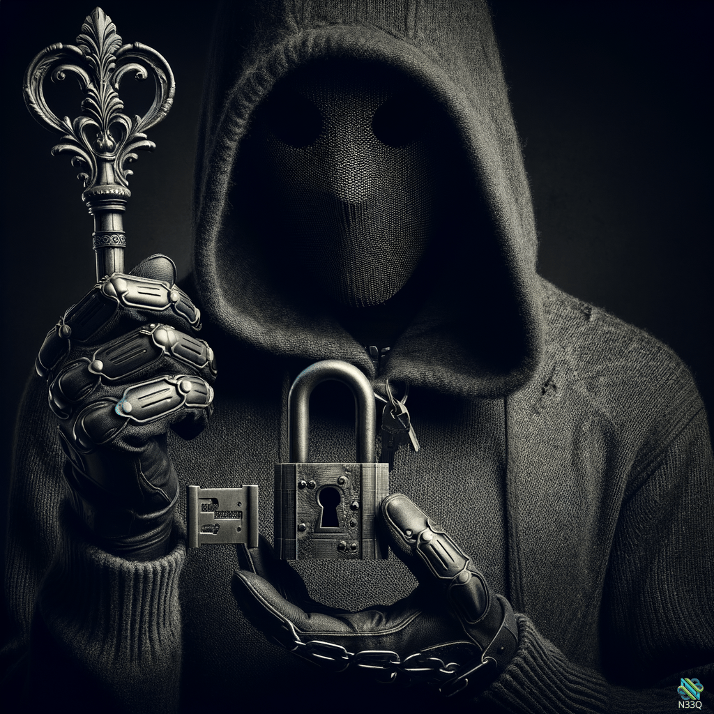 Hooded Figure Holding Key and Padlock