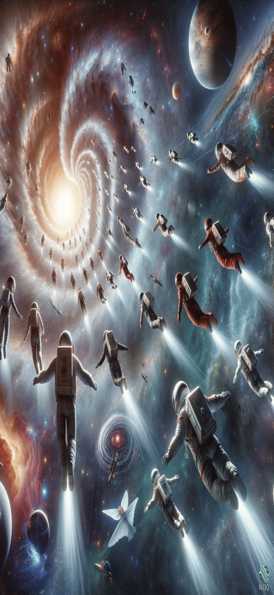 Astronauts Flying Toward Spiral Cosmic Vortex