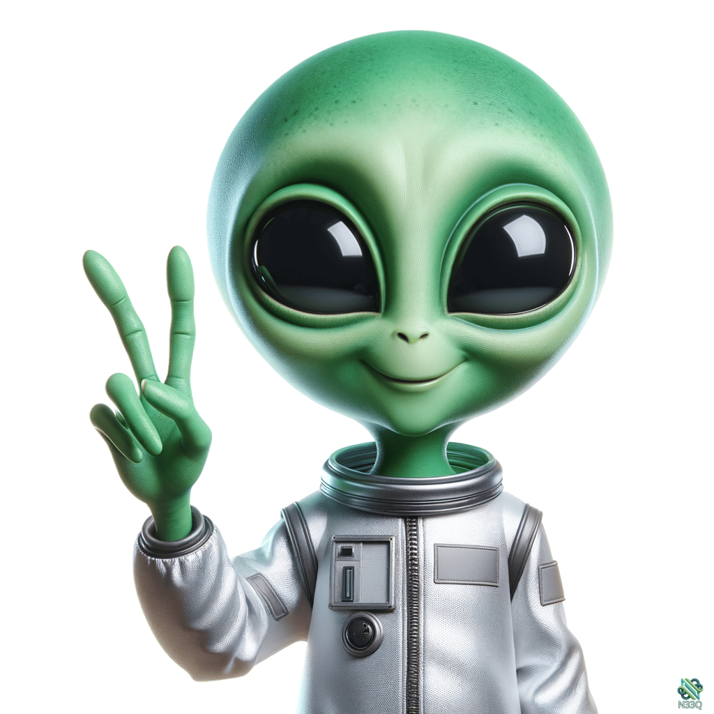 Green Alien in Spacesuit Making Peace Sign