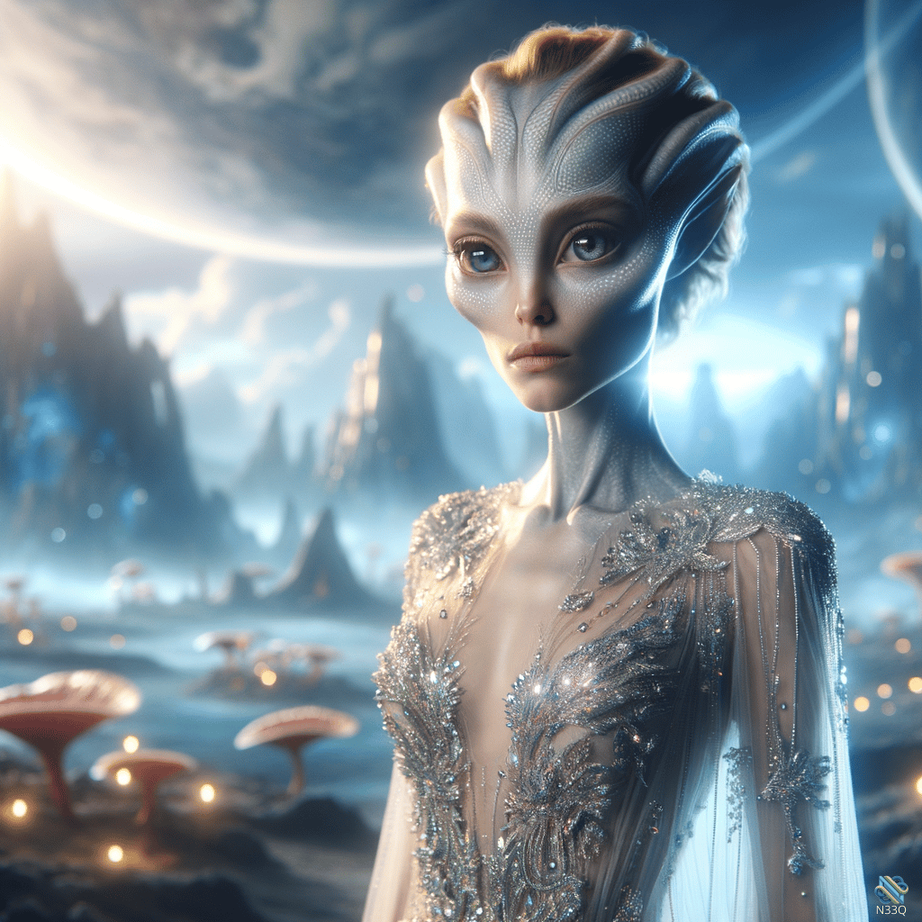 Blue Alien Woman in Silver Gown