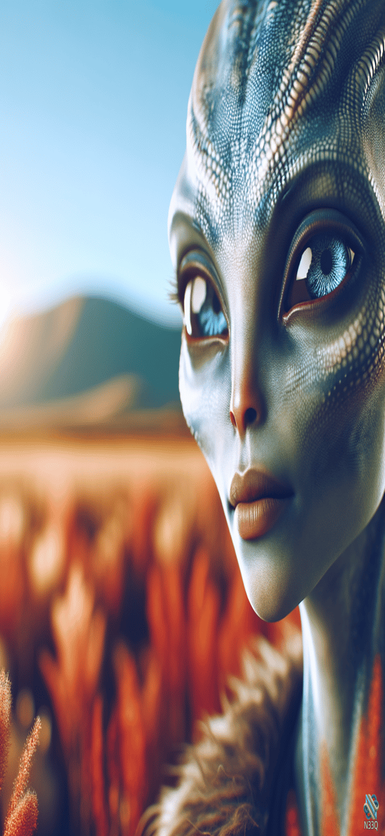 Blue Alien in Red Grass Field