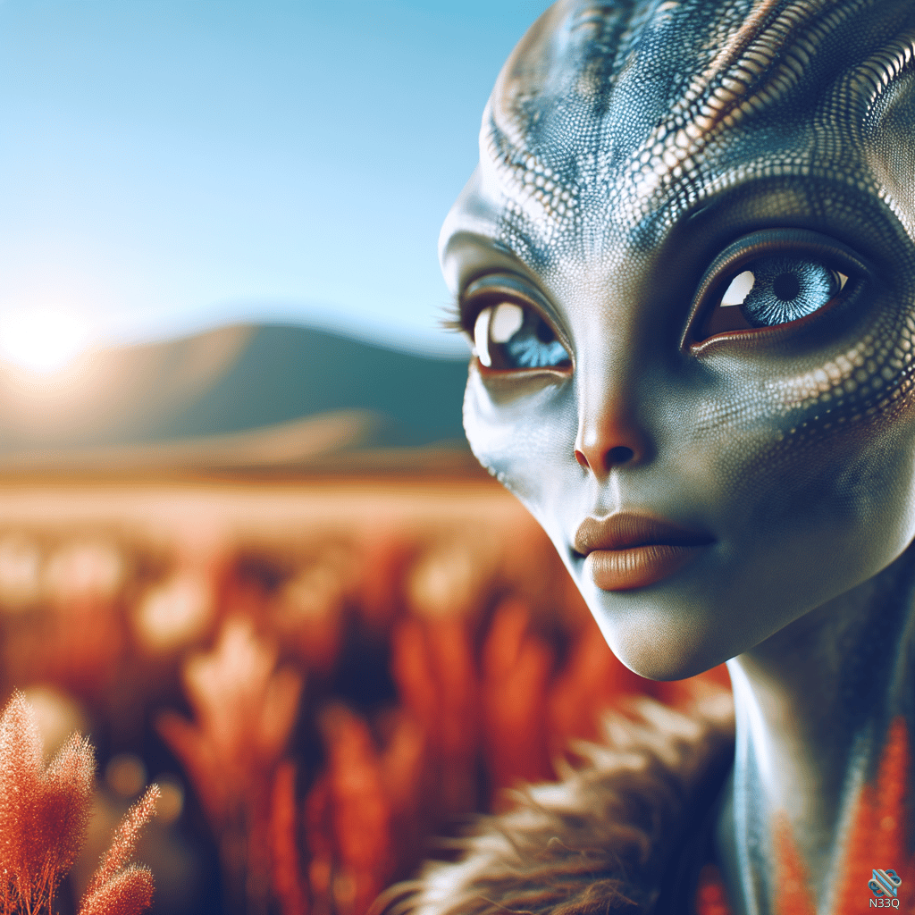 Blue Alien in Red Grass Field