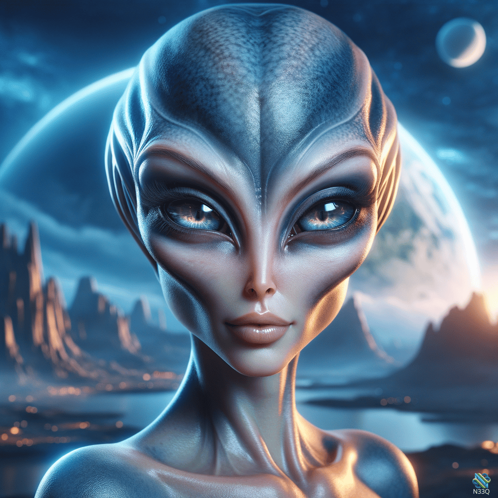 Blue Alien Portrait with Moonlit Landscape