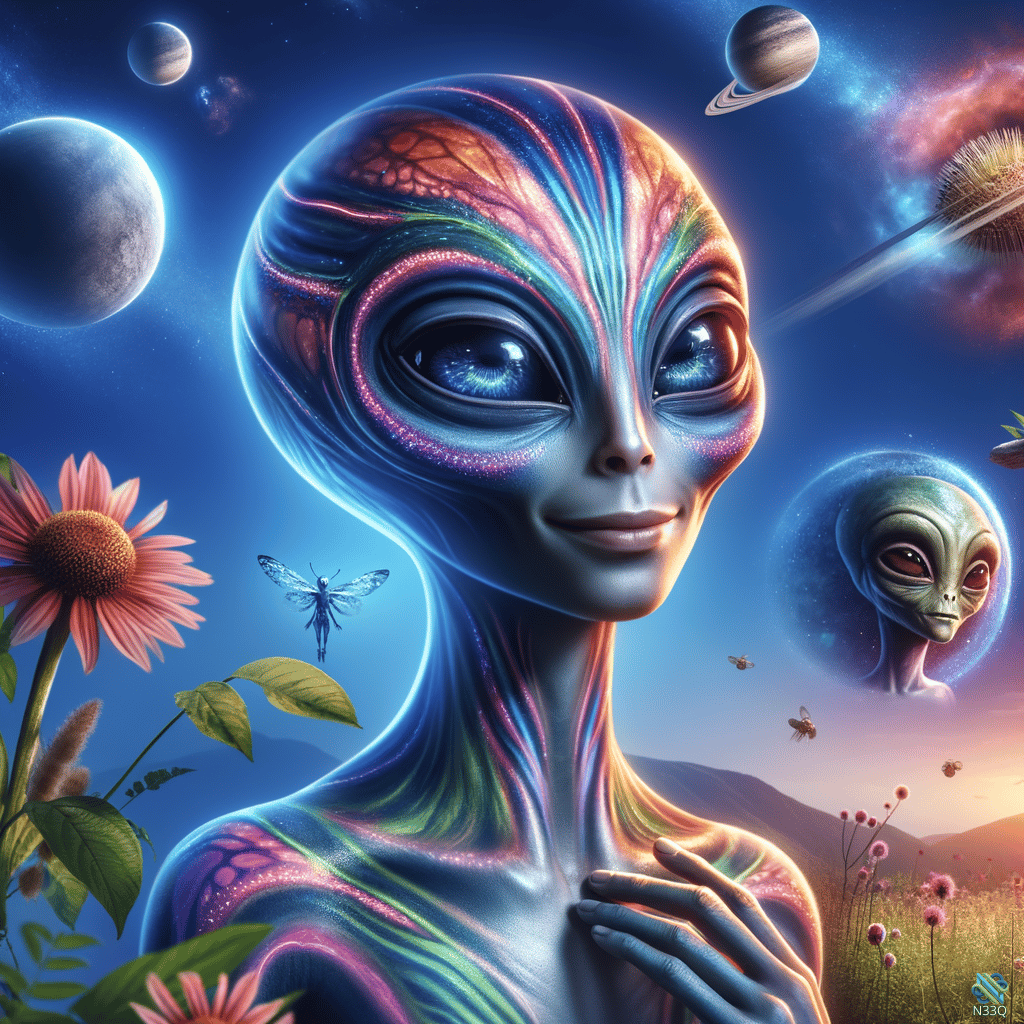 Colorful Alien Amid Planets and Flowers