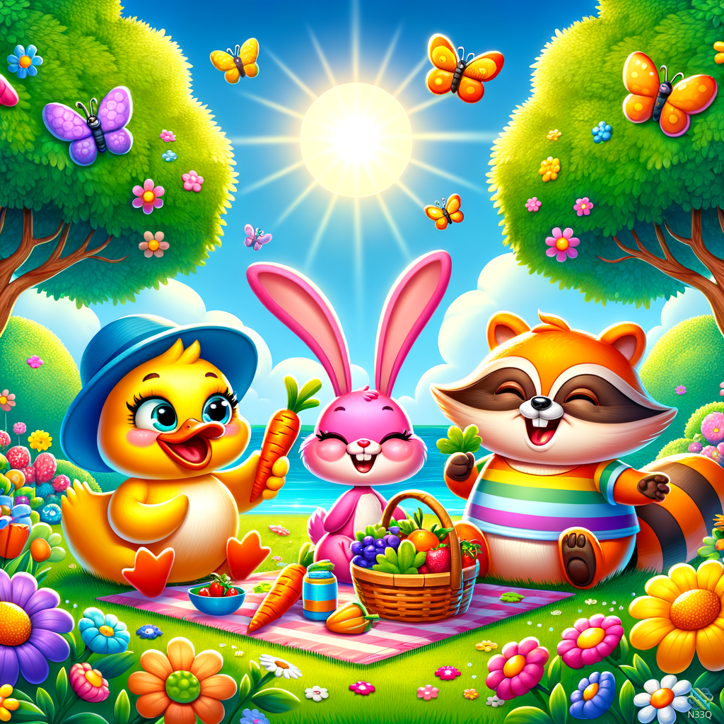 Duck Rabbit Raccoon Picnic in Meadow