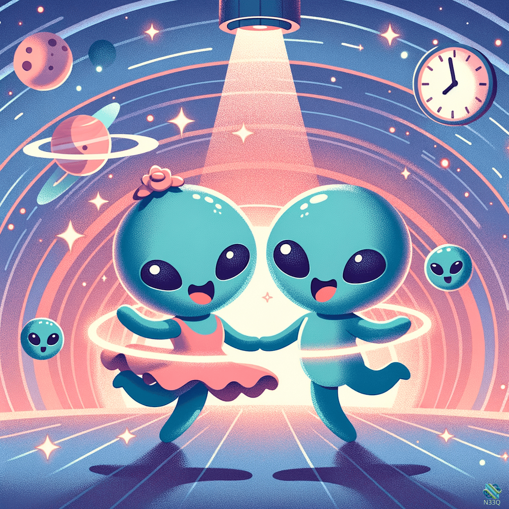 Two Teal Aliens Dancing in Space