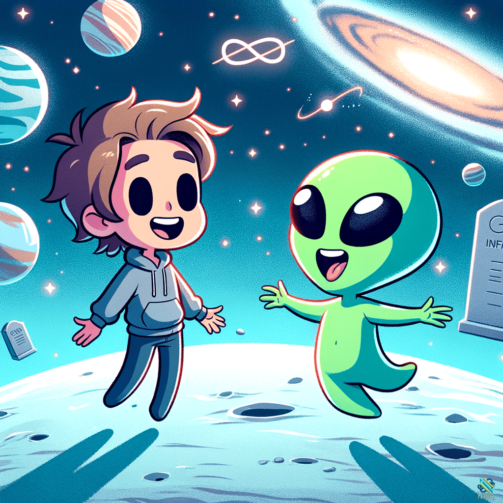 Boy Greeting Green Alien on Moon