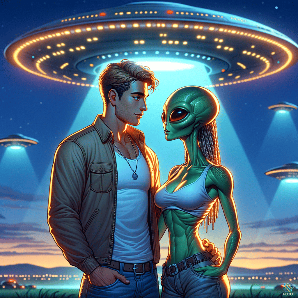 Man and Green Alien Woman Under UFO