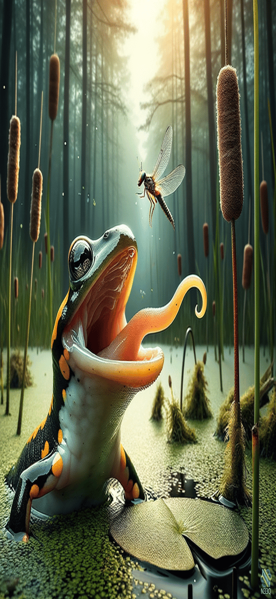 Frog Extending Tongue Toward Dragonfly