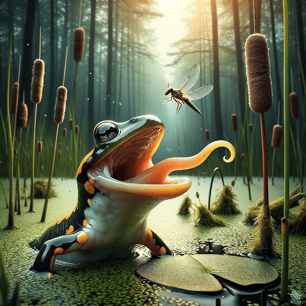 Frog Extending Tongue Toward Dragonfly