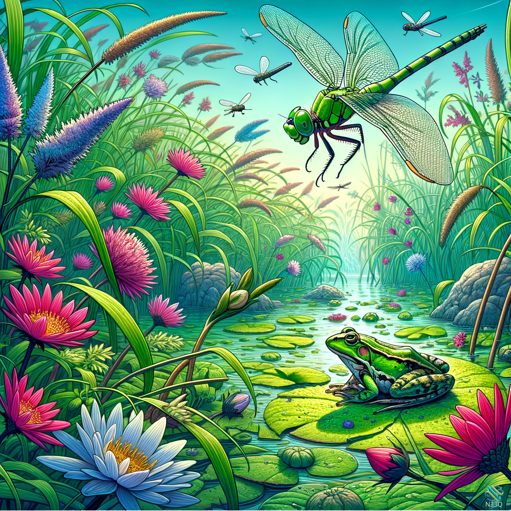 Green Dragonfly Over Frog on Lily Pad
