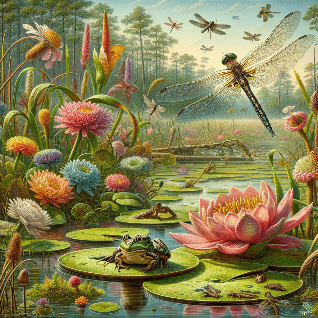 Frog on Lily Pad with Flying Dragonflies