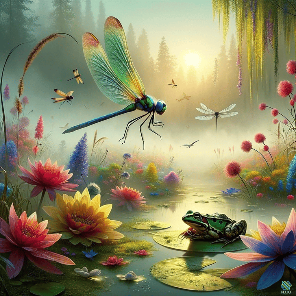 Dragonfly Hovering Over Frog in Flower Pond