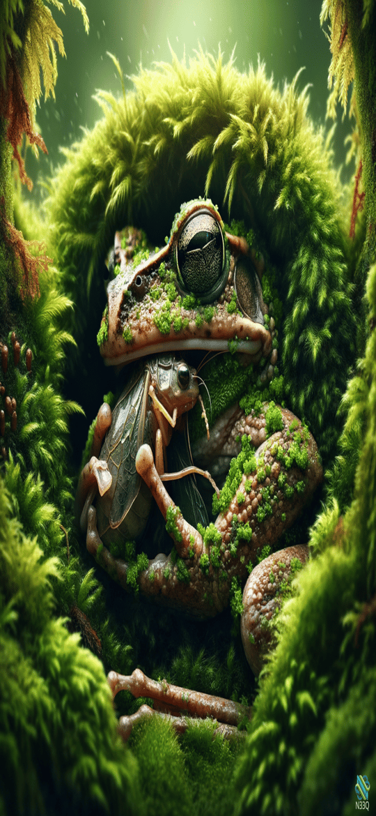 Moss Covered Frog with Grasshopper in Forest