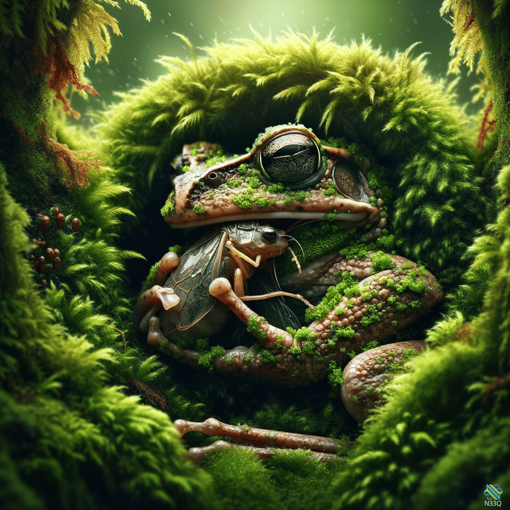 Moss Covered Frog with Grasshopper in Forest