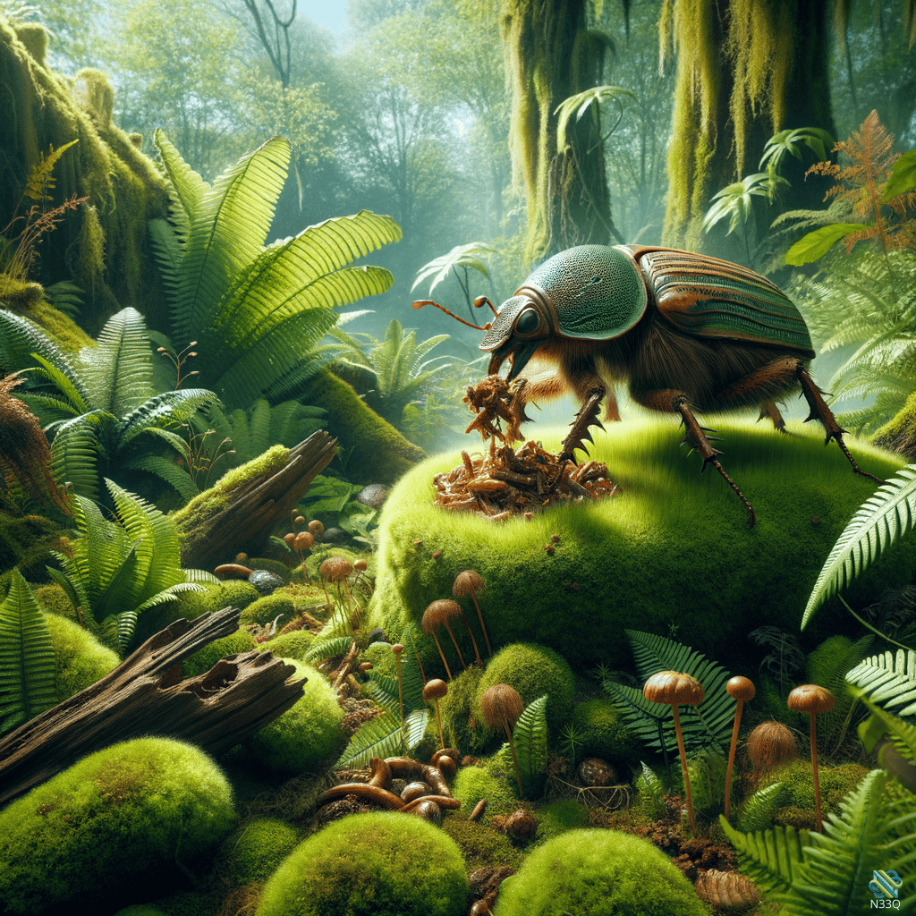 Green Beetle on Mossy Forest Mound