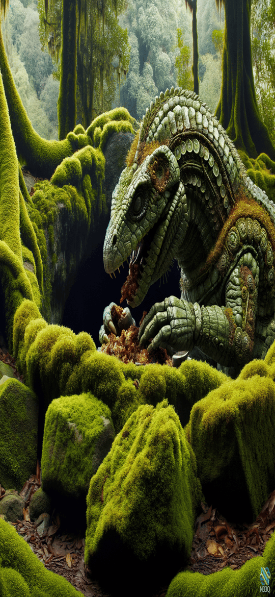 Cyborg Lizard Feeding in Mossy Forest