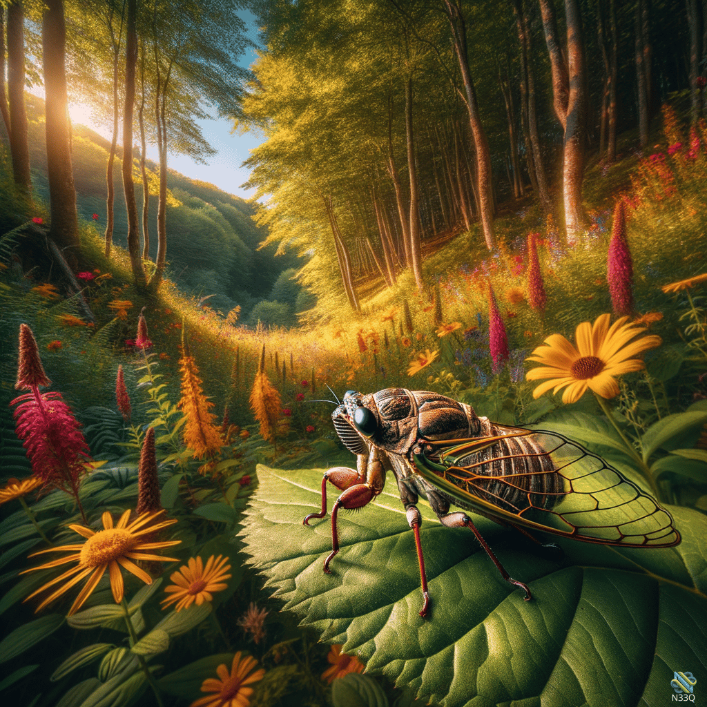 Cicada on Leaf in Sunlit Forest