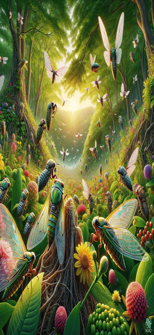 Cicadas Swarming in Sunlit Forest Meadow