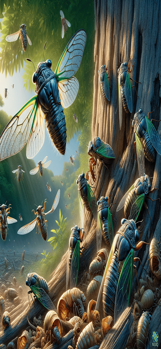 Cicadas Swarming on Sunlit Forest Tree
