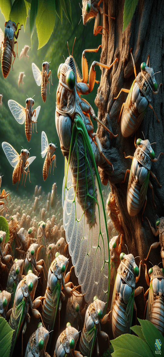 Swarm of Cicadas on Tree Trunk